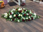 casket tribute white chrysanthemum  roses fresh flowers  floral funeral tribute Darlington designer floral tribute funeral sympathy tribute heavenly scent florist Darlington local free delivery same day cheap