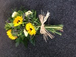 sunflower and avalanche rose  sheaf finished with raffia bow local delivery in darlington and surrounding areas by  heavenly scent fresh funeral hand made by heavenly scent