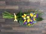 Yellow and purple  sheaf local and free delivery funeral flower tribute  cheap colourful traditional darlington and surrounding areas  hand made artificial funeral  florist darlington