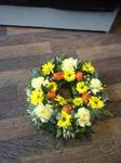 sunflower mixed wreath white chrysanthemum  roses fresh flowers  floral funeral tribute Darlington designer floral tribute funeral sympathy tribute heavenly scent florist Darlington local free delivery