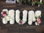 Mum/Mam letters frame carnations fresh flowers  fresh or artificial  floral teddy bear funeral tribute made lovingly by hand in our little shop with fresh flowers in 33 bondgate darlington local free deliver
