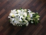 casket tribute single ended spray double ended spray white chrysanthemum  roses fresh flowers  floral funeral tribute Darlington designer floral tribute funeral sympathy tribute heavenly scent florist Darlington local free delivery same day cheap