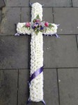 traditional cross purple pink white ribbons floral funeral sympathy tribute heavenly scent florist darlington local free delivery