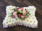 Pillow tribute single ended spray double ended spray white chrysanthemum  roses fresh flowers  floral funeral tribute Darlington designer floral tribute funeral sympathy tribute heavenly scent florist Darlington local free delivery local same day cheap