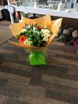 orange and green bouquet hand tied  fresh flowers made by our florists in our family run business free local delivery and surrounding areas in darlington